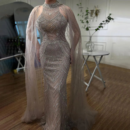 Luxury Dubai Caramel Beaded Mermaid Evening Dress with Cape Sleeves LA72138