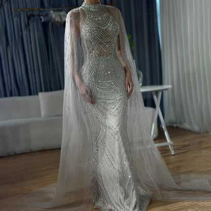 Luxury Dubai Caramel Beaded Mermaid Evening Dress with Cape Sleeves LA72138