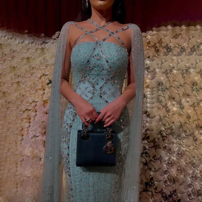 Luxury Aqua Lilac Mermaid Evening Dress with Cape Sleeves LA71905