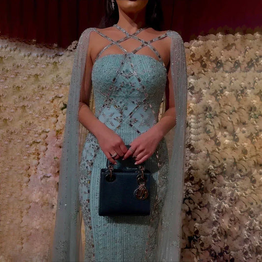 Luxury Aqua Lilac Mermaid Evening Dress with Cape Sleeves LA71905