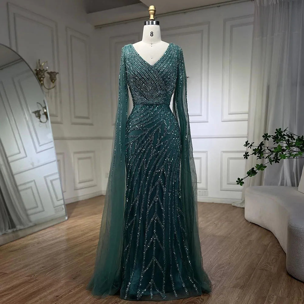 Luxury Blue Beaded Mermaid Cape Sleeves Evening Dress Gown LA71493A