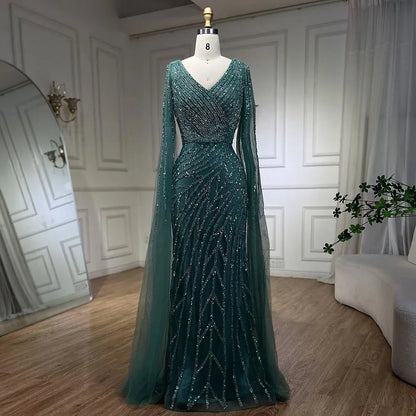 Luxury Blue Beaded Mermaid Cape Sleeves Evening Dress Gown LA71493A