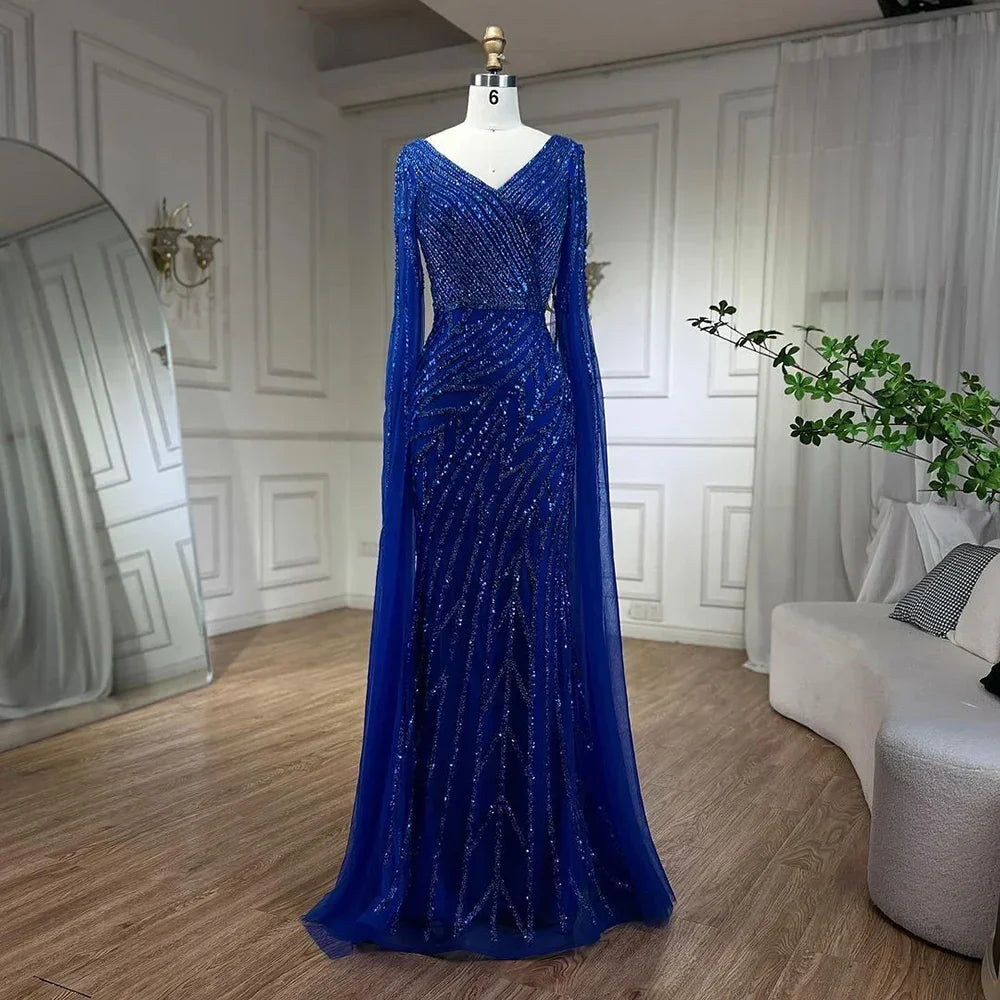 Luxury Blue Beaded Mermaid Cape Sleeves Evening Dress Gown LA71493A