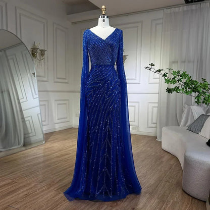 Luxury Blue Beaded Mermaid Cape Sleeves Evening Dress Gown LA71493A