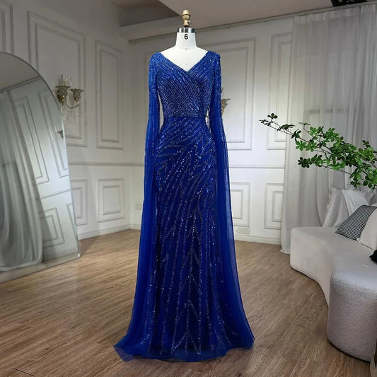 Luxury Blue Beaded Mermaid Cape Sleeves Evening Dress Gown LA71493A