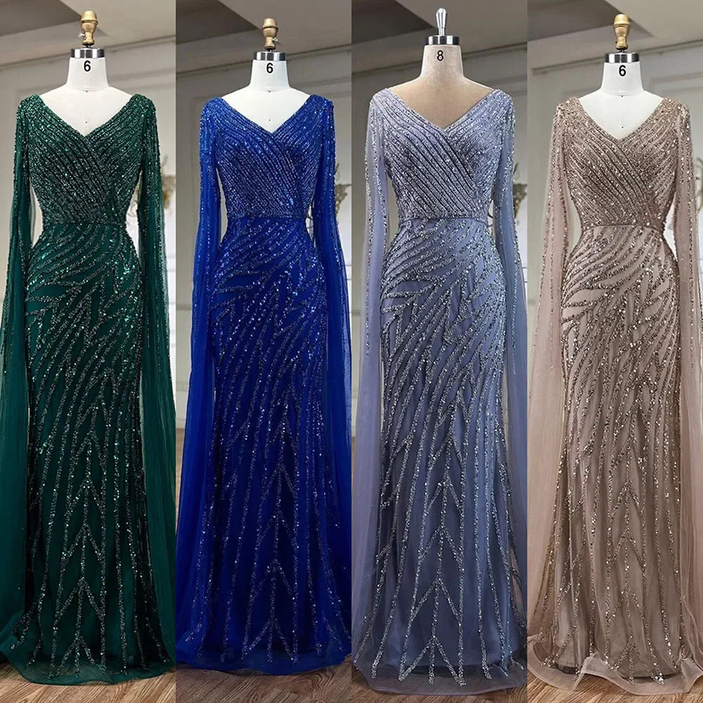 Luxury Blue Beaded Mermaid Cape Sleeves Evening Dress Gown LA71493A