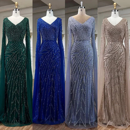 Luxury Blue Beaded Mermaid Cape Sleeves Evening Dress Gown LA71493A