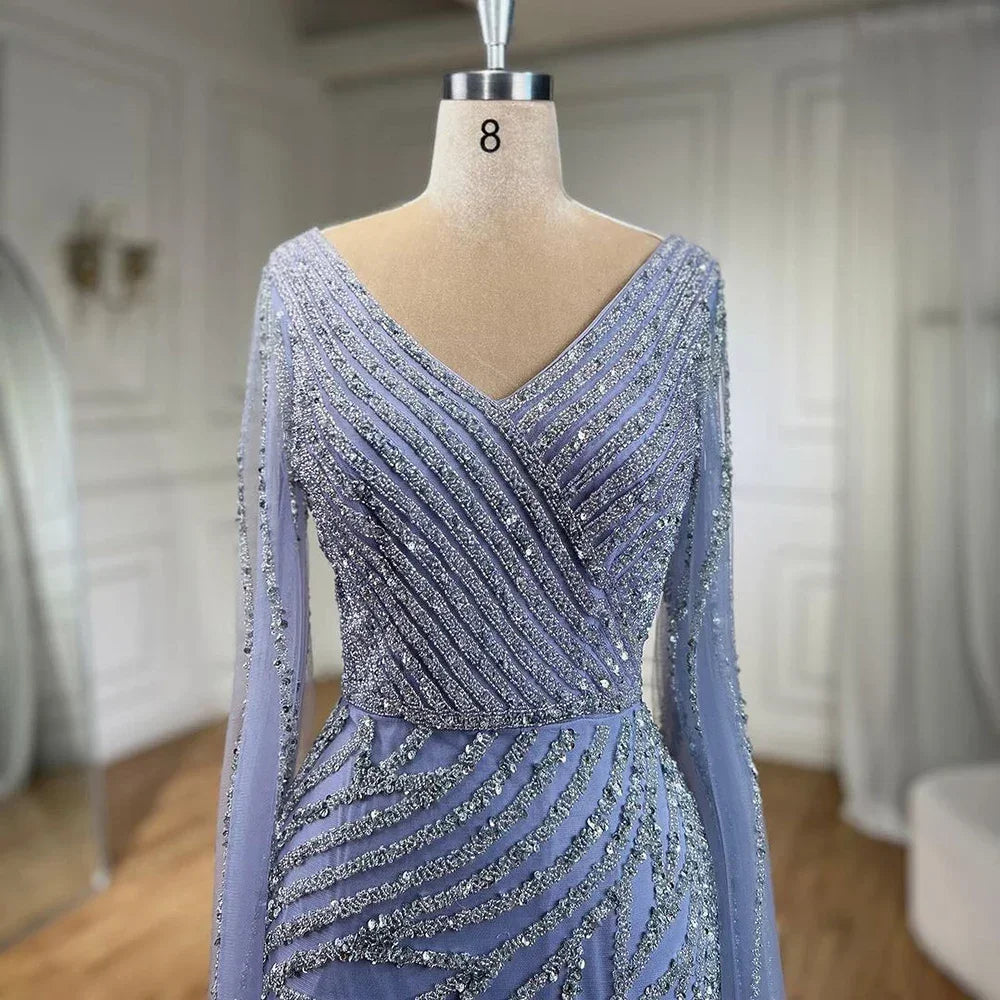 Luxury Blue Beaded Mermaid Cape Sleeves Evening Dress Gown LA71493A