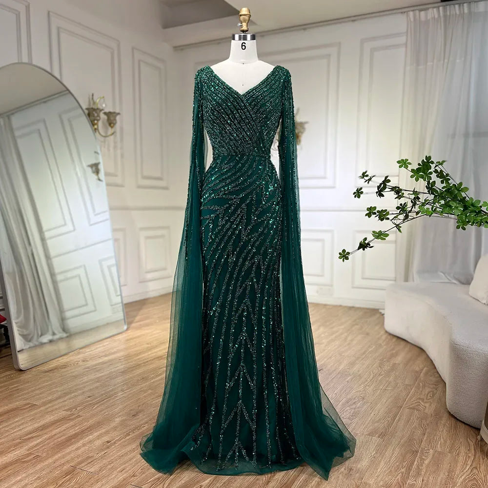 Luxury Blue Beaded Mermaid Cape Sleeves Evening Dress Gown LA71493A