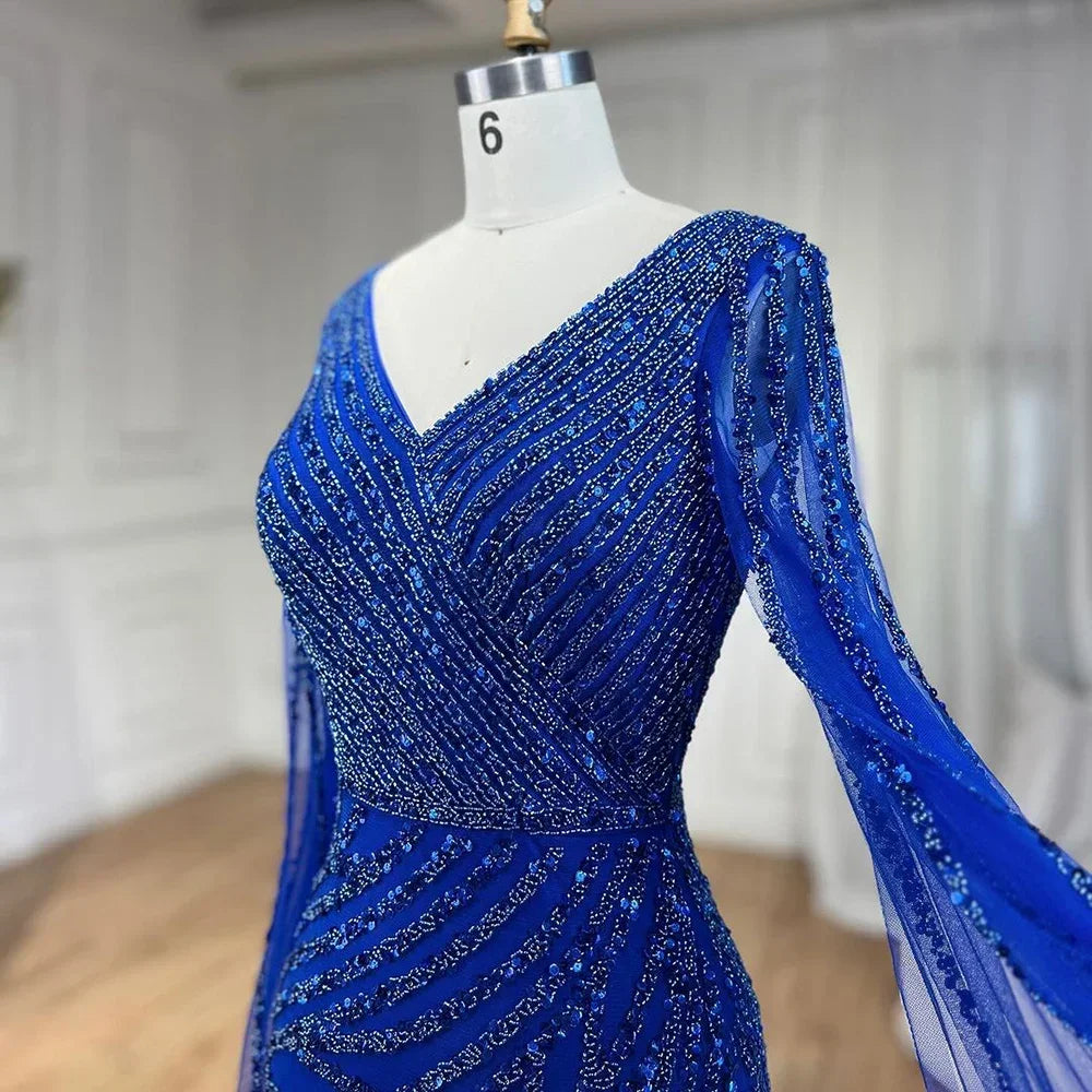 Luxury Blue Beaded Mermaid Cape Sleeves Evening Dress Gown LA71493A