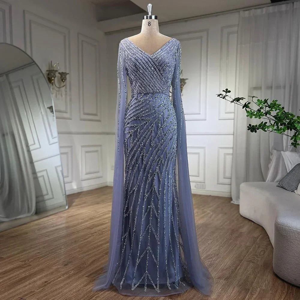 Luxury Blue Beaded Mermaid Cape Sleeves Evening Dress Gown LA71493A