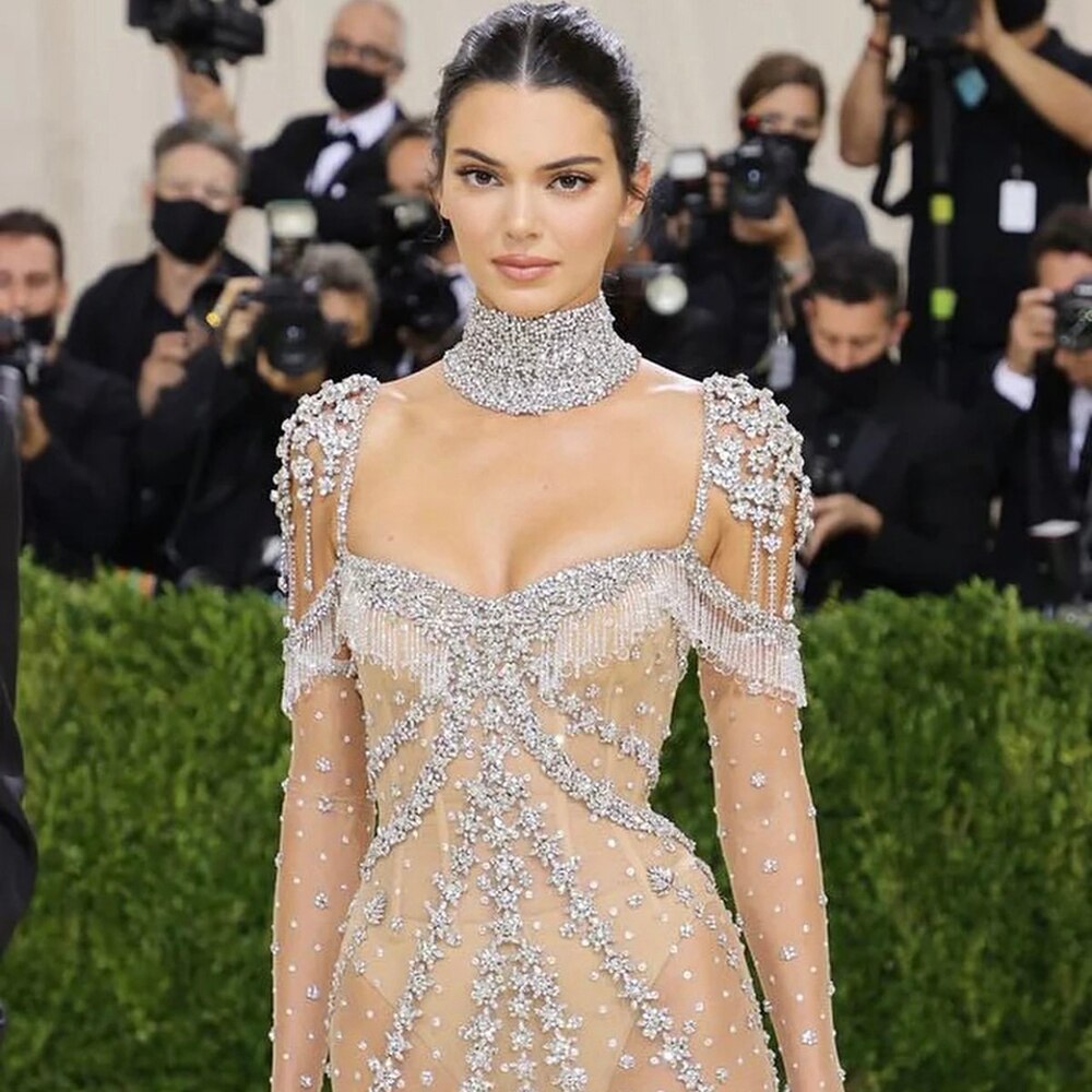 Luxury Arabic Nude Kendall Jenner Mermaid Evening Dress Beaded Tassel LA71540