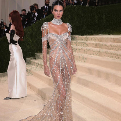 Luxury Arabic Nude Kendall Jenner Mermaid Evening Dress Beaded Tassel LA71540