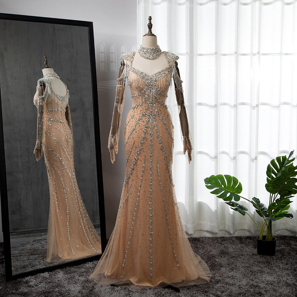Luxury Arabic Nude Kendall Jenner Mermaid Evening Dress Beaded Tassel LA71540