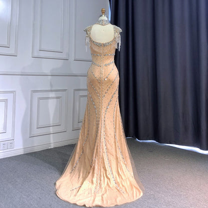 Luxury Arabic Nude Kendall Jenner Mermaid Evening Dress Beaded Tassel LA71540