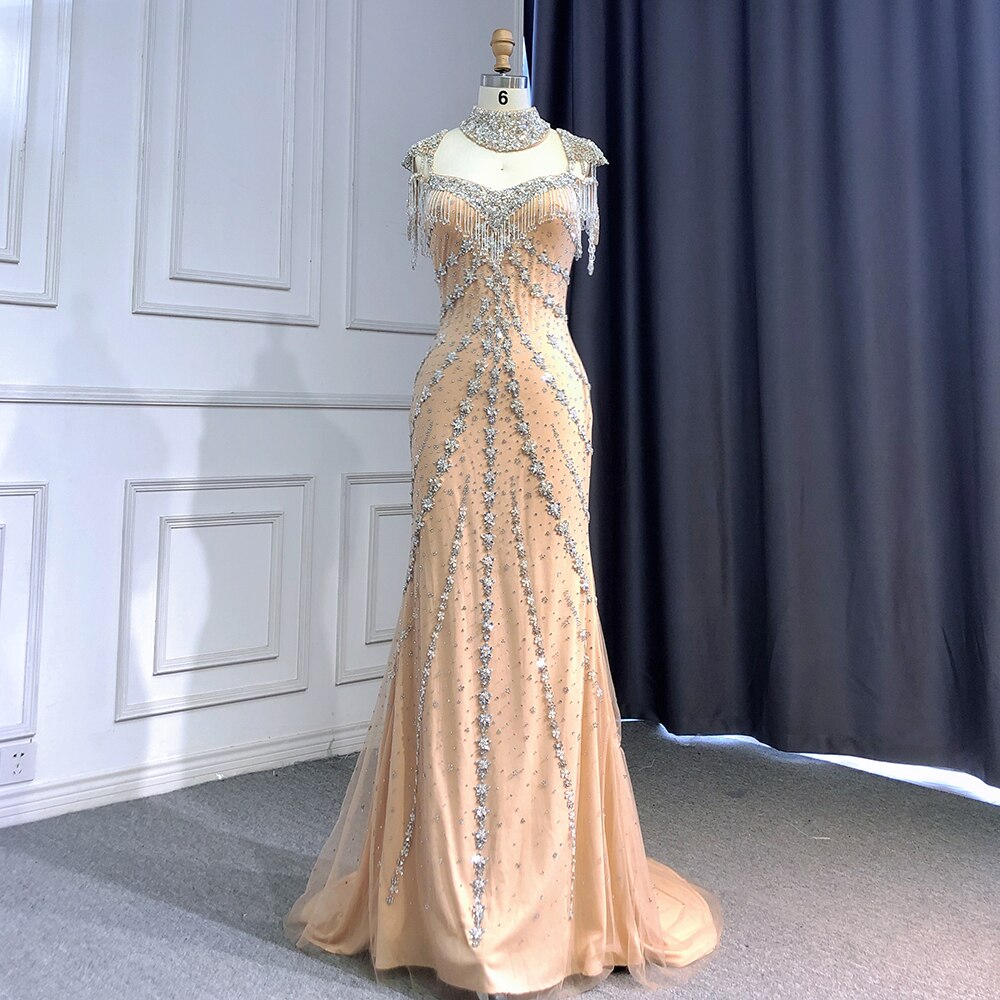 Luxury Arabic Nude Kendall Jenner Mermaid Evening Dress Beaded Tassel LA71540