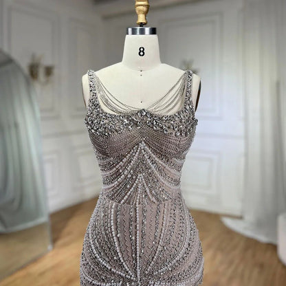 Luxury Nude Pearl Beaded Mermaid Evening Dress with Spaghetti Straps LA72356