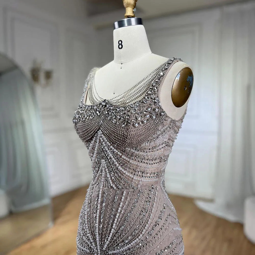 Luxury Nude Pearl Beaded Mermaid Evening Dress with Spaghetti Straps LA72356