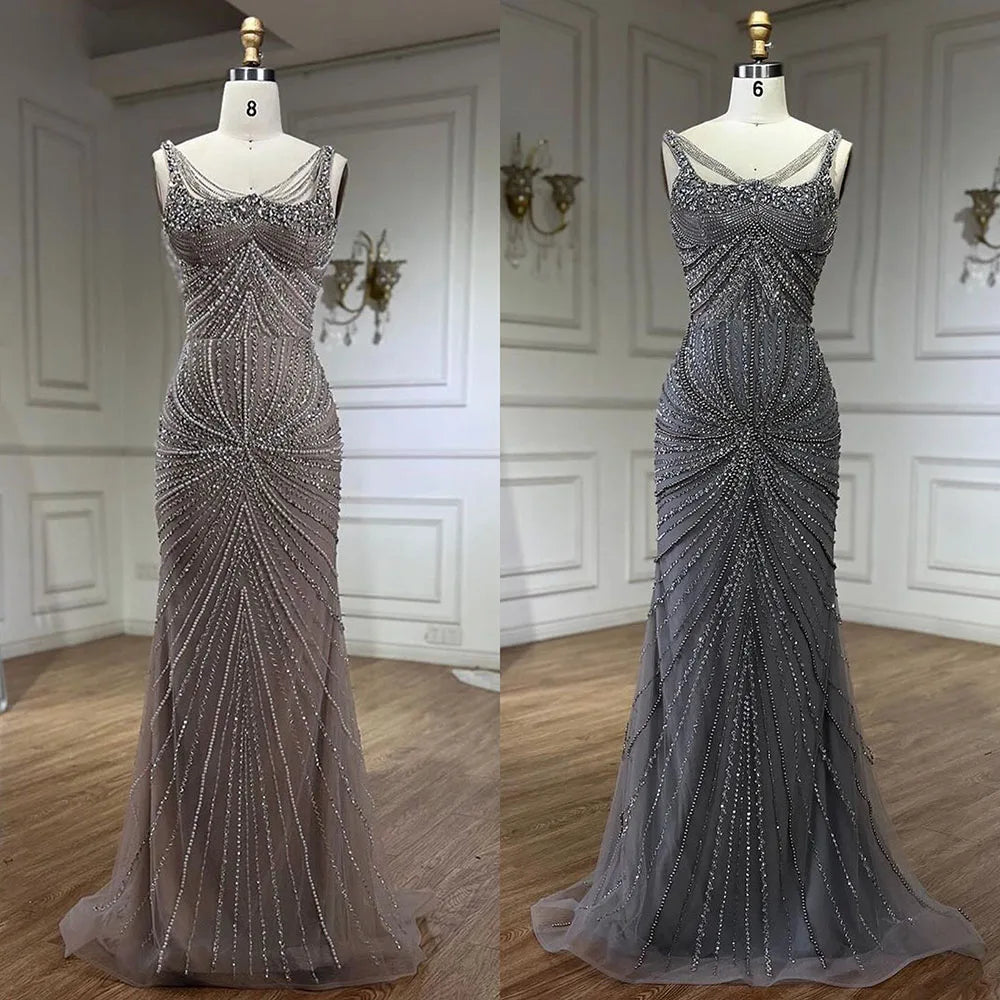 Luxury Nude Pearl Beaded Mermaid Evening Dress with Spaghetti Straps LA72356