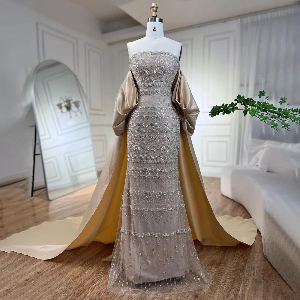 Luxury Dubai Sage Green Evening Dresses with Cape LA72126