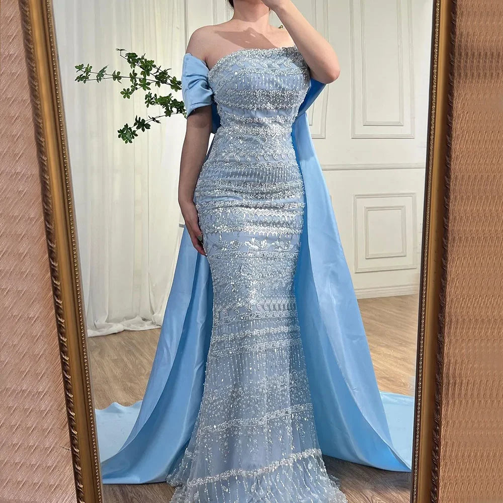Luxury Dubai Sage Green Evening Dresses with Cape LA72126