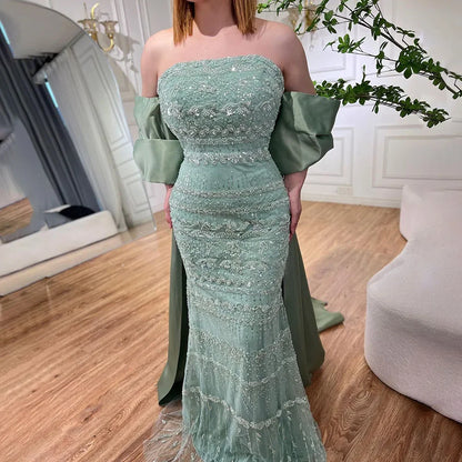 Luxury Dubai Sage Green Evening Dresses with Cape LA72126