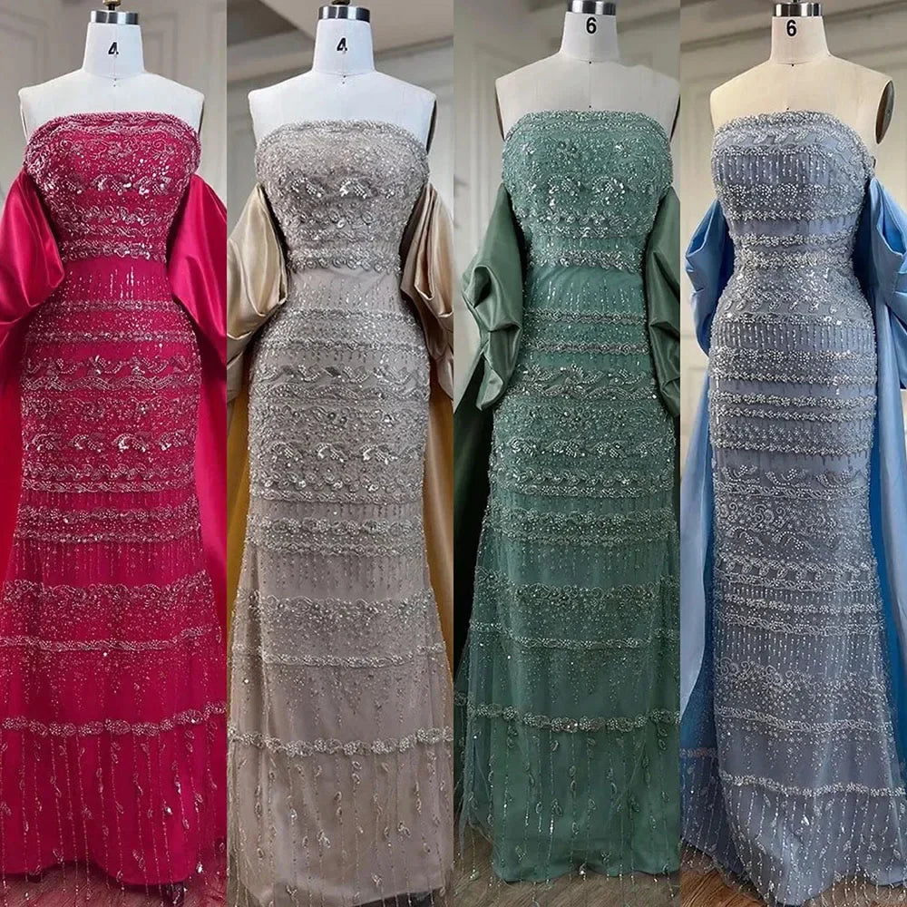 Luxury Dubai Sage Green Evening Dresses with Cape LA72126