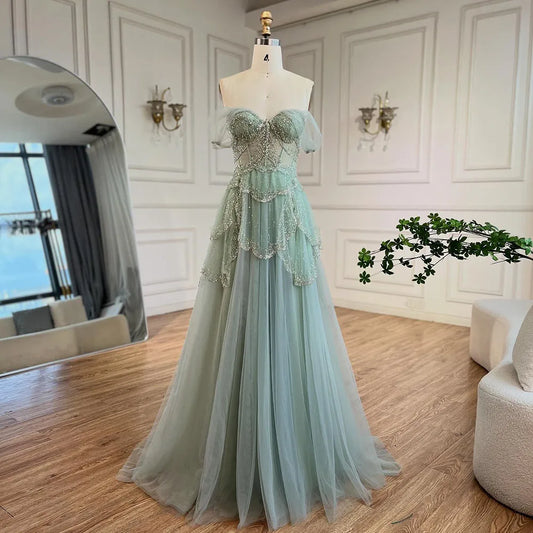 Luxury Sage Green Beaded A-Line Off Shoulder Evening Dress LA72605
