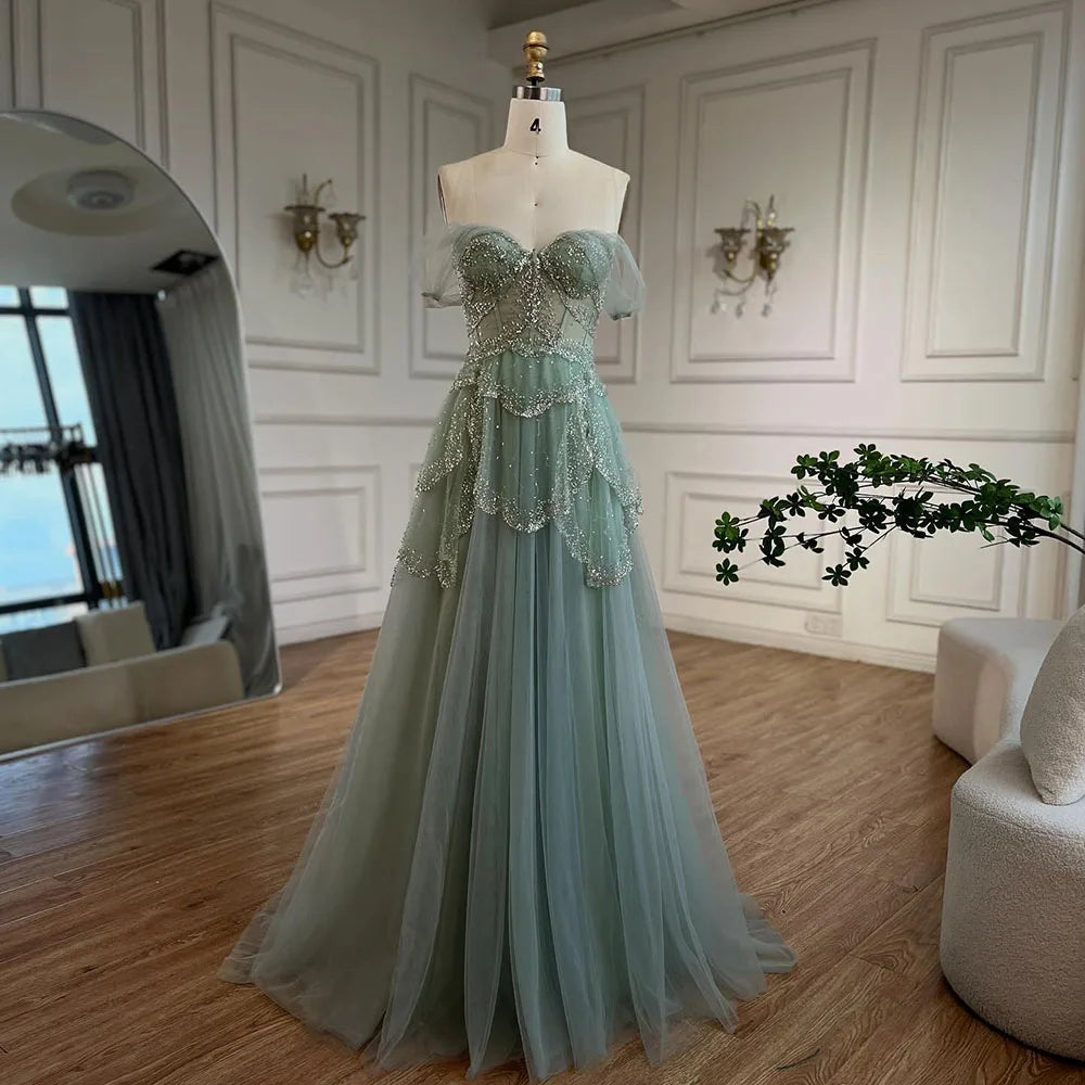 Luxury Sage Green Beaded A-Line Off Shoulder Evening Dress LA72605