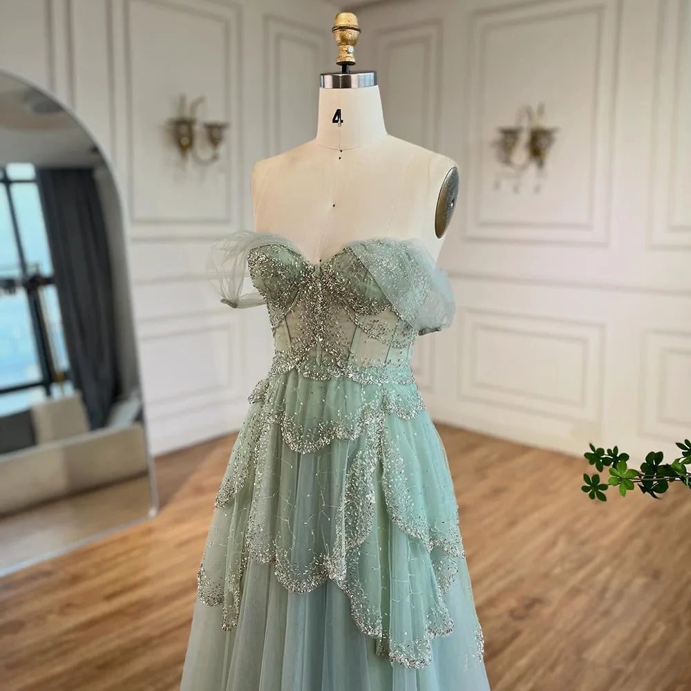 Luxury Sage Green Beaded A-Line Off Shoulder Evening Dress LA72605