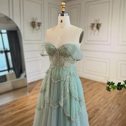 Luxury Sage Green Beaded A-Line Off Shoulder Evening Dress LA72605