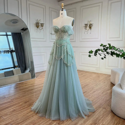 Luxury Sage Green Beaded A-Line Off Shoulder Evening Dress LA72605