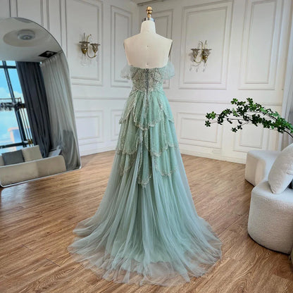 Luxury Sage Green Beaded A-Line Off Shoulder Evening Dress LA72605