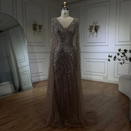 Luxury Dubai Turquoise Mermaid Evening Dresses with Cape V-Neck LA72239