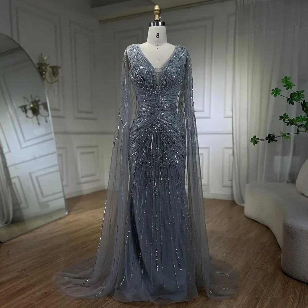 Luxury Dubai Turquoise Mermaid Evening Dresses with Cape V-Neck LA72239