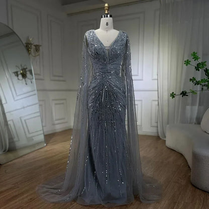 Luxury Dubai Turquoise Mermaid Evening Dresses with Cape V-Neck LA72239