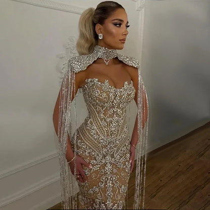Arabic Nude Mermaid Tassel Beaded Luxury Evening Dress Gown LA72237