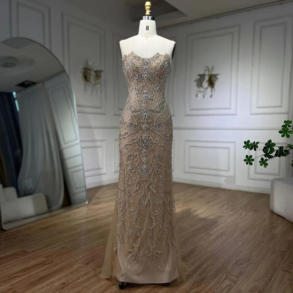 Arabic Nude Mermaid Tassel Beaded Luxury Evening Dress Gown LA72237