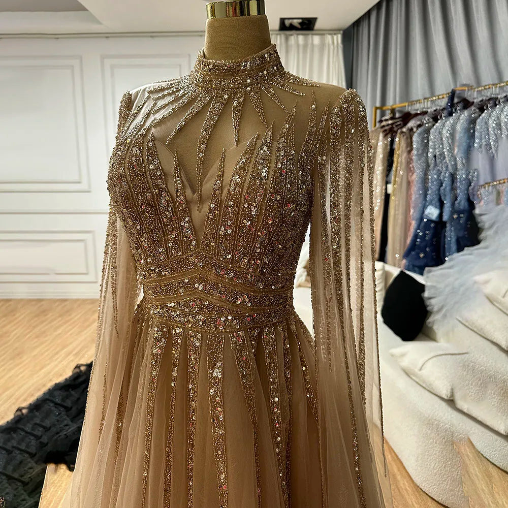 Luxury Arabic Turquoise A-Line Beaded Evening Dress with Cape LA72199