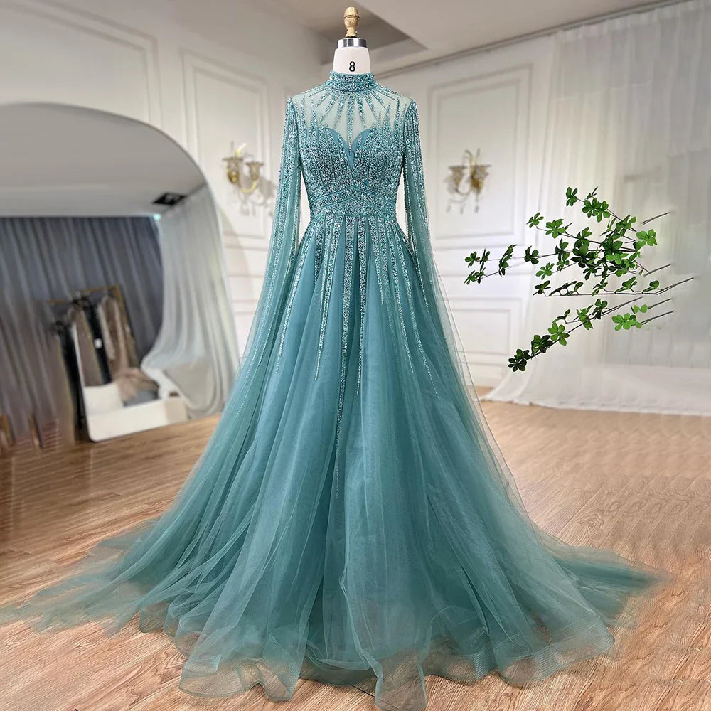 Luxury Arabic Turquoise A-Line Beaded Evening Dress with Cape LA72199