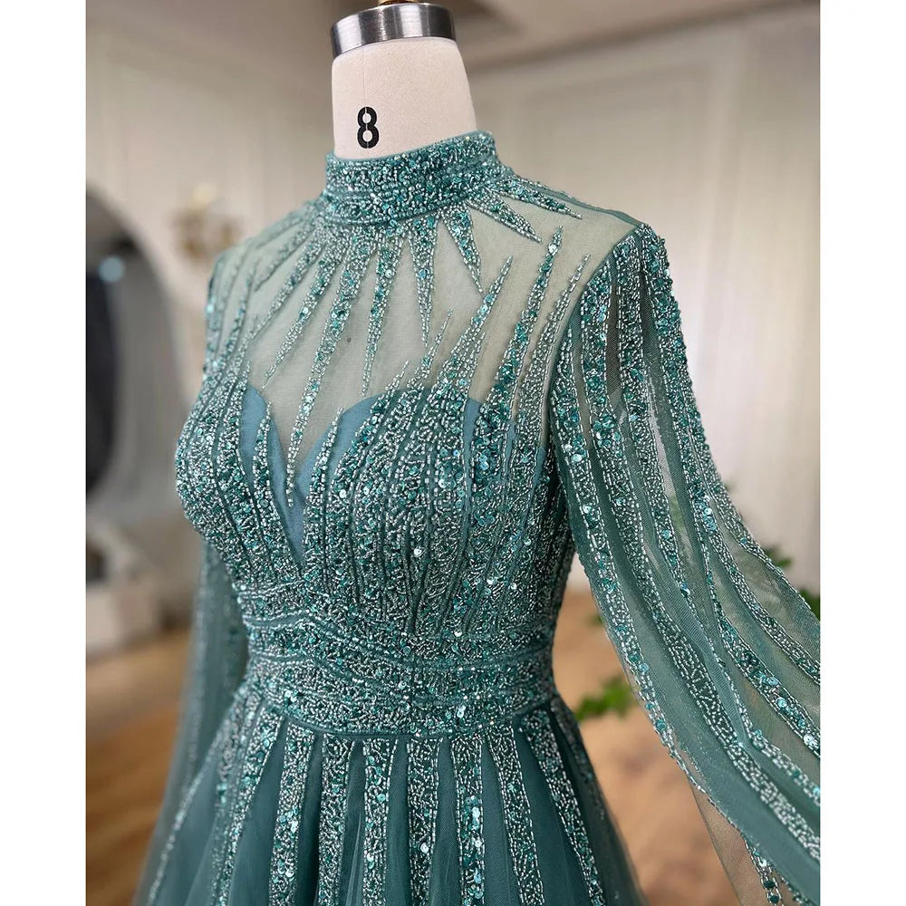Luxury Arabic Turquoise A-Line Beaded Evening Dress with Cape LA72199