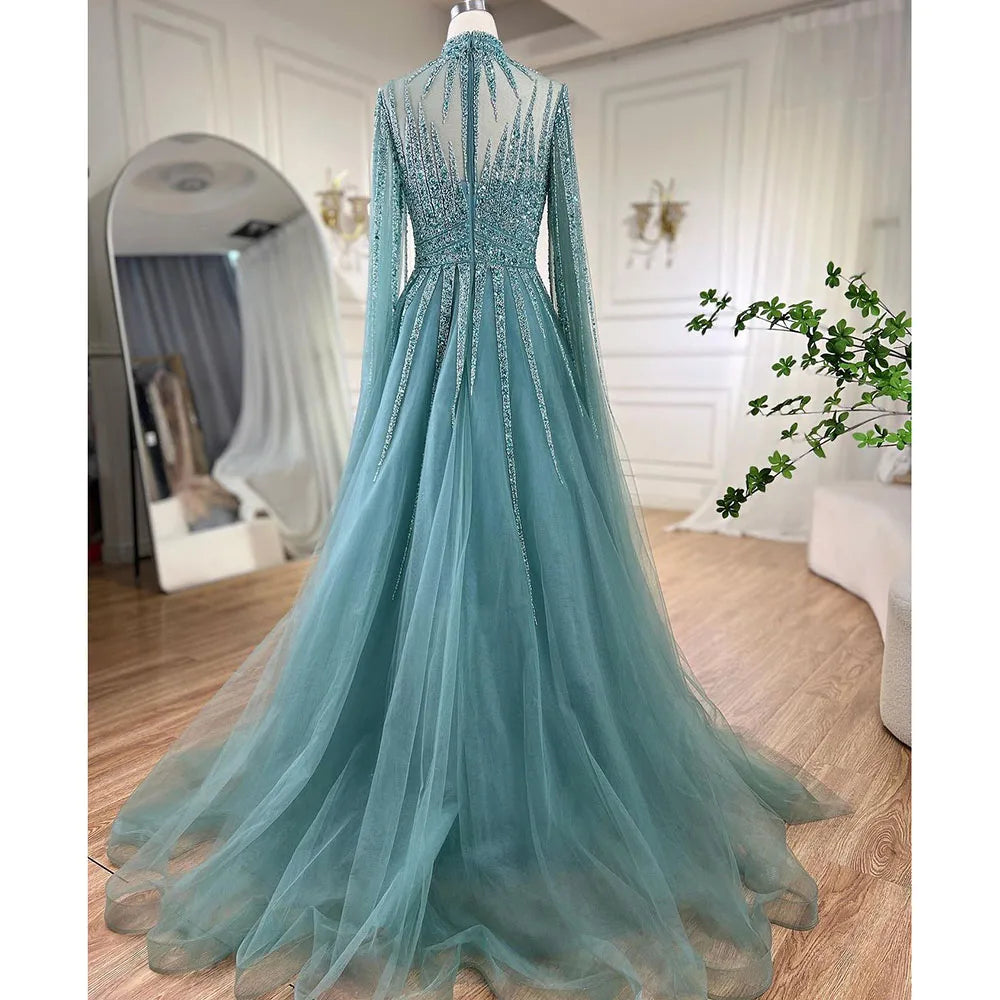 Luxury Arabic Turquoise A-Line Beaded Evening Dress with Cape LA72199
