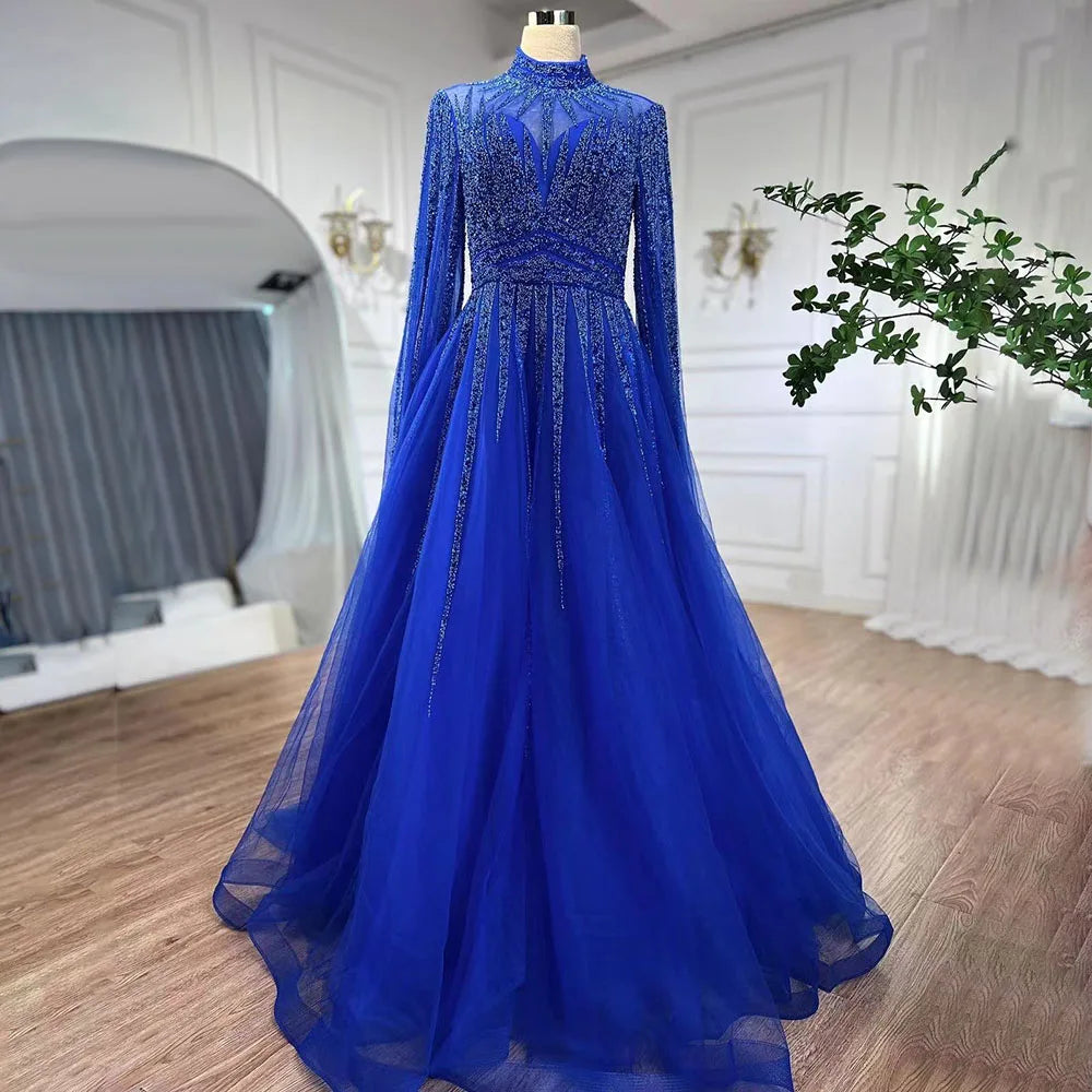 Luxury Arabic Turquoise A-Line Beaded Evening Dress with Cape LA72199