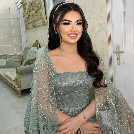 Luxury Turquoise Beaded Pearl Arabic Evening Dress with Cape Sleeves LA72590