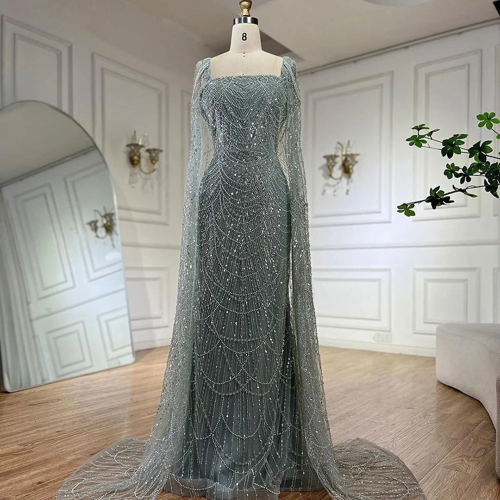 Luxury Turquoise Beaded Pearl Arabic Evening Dress with Cape Sleeves LA72590