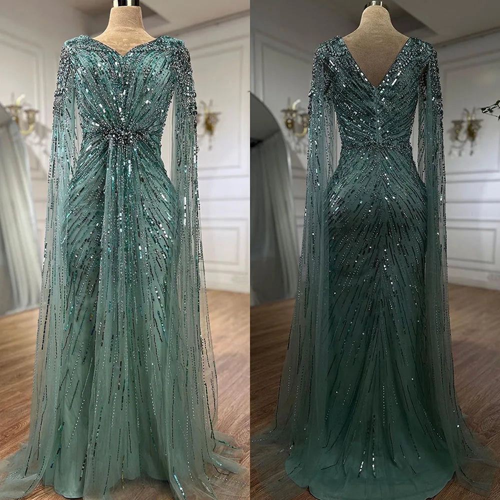 Luxury Arabic Turquoise Mermaid Beaded Cape Sleeves Elegant Evening Dresses Gowns LA72168