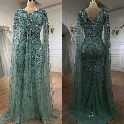 Luxury Arabic Turquoise Mermaid Beaded Cape Sleeves Elegant Evening Dresses Gowns LA72168