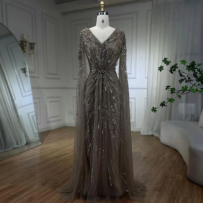 Luxury Arabic Turquoise Mermaid Beaded Cape Sleeves Elegant Evening Dresses Gowns LA72168