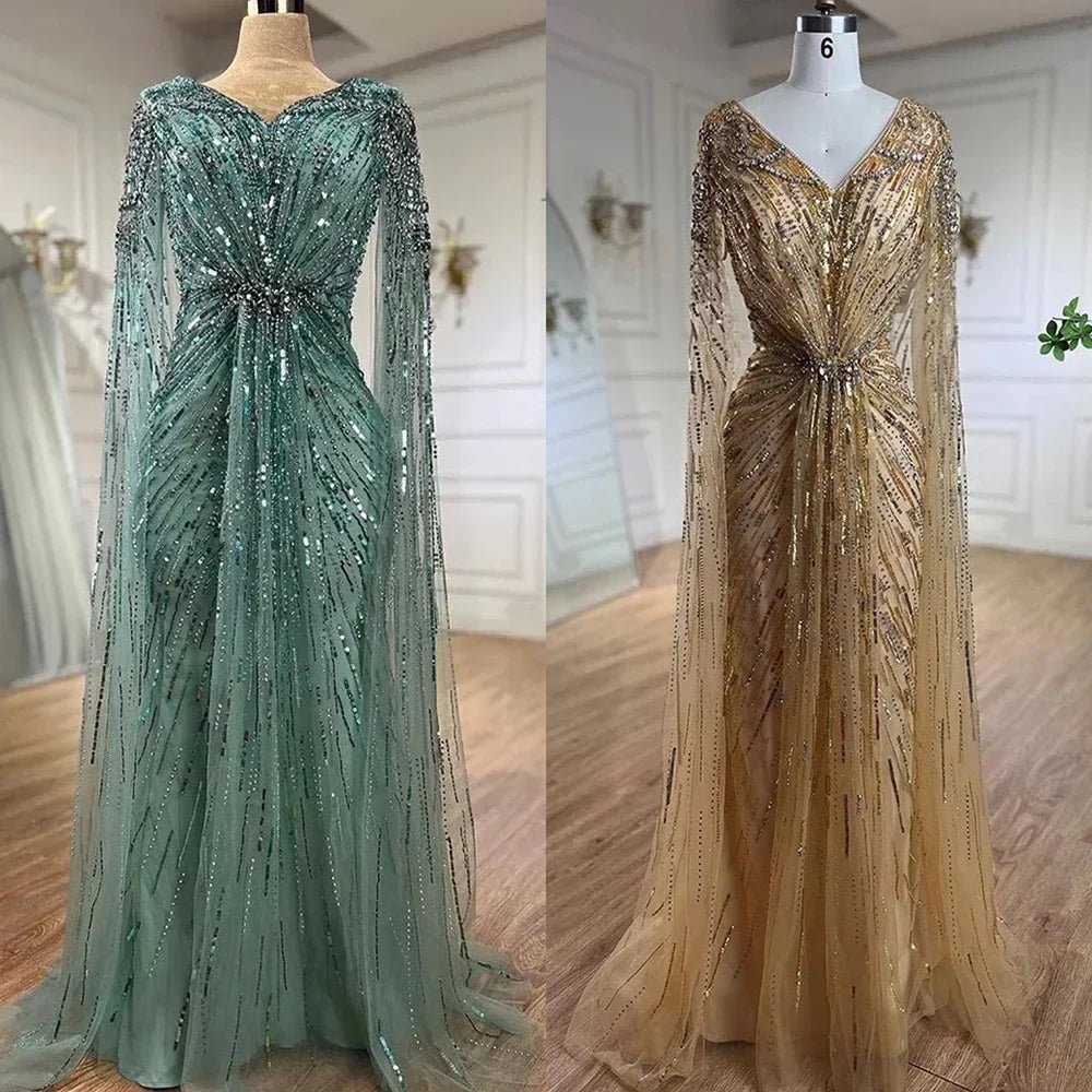 Luxury Arabic Turquoise Mermaid Beaded Cape Sleeves Elegant Evening Dresses Gowns LA72168