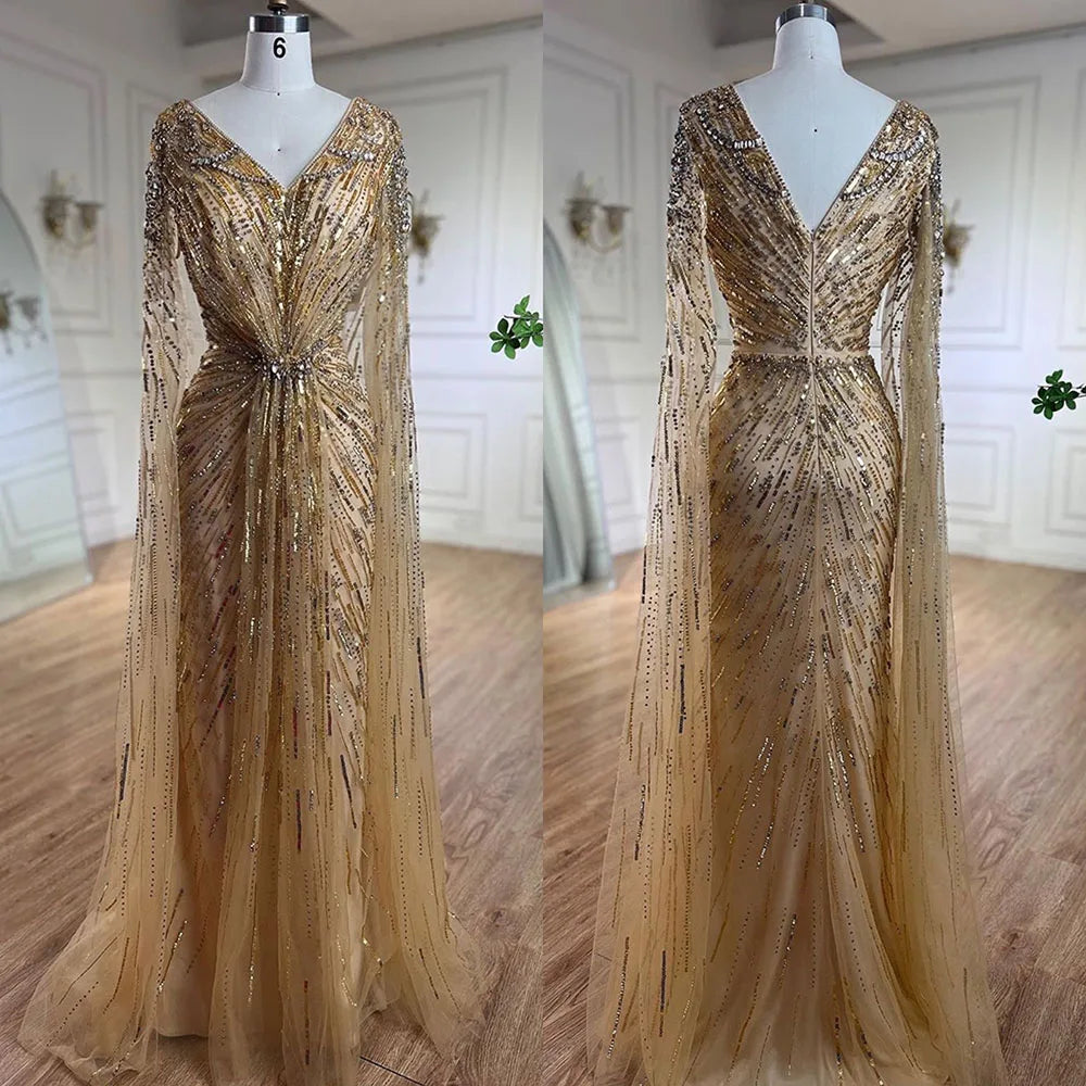Luxury Arabic Turquoise Mermaid Beaded Cape Sleeves Elegant Evening Dresses Gowns LA72168